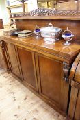Victorian mahogany three door chiffonier with raised fretwork galleried back, 136cm by 160.