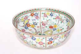 Large Chinese polychrome bowl with panels of bird and foliage decoration, 30cm diameter.