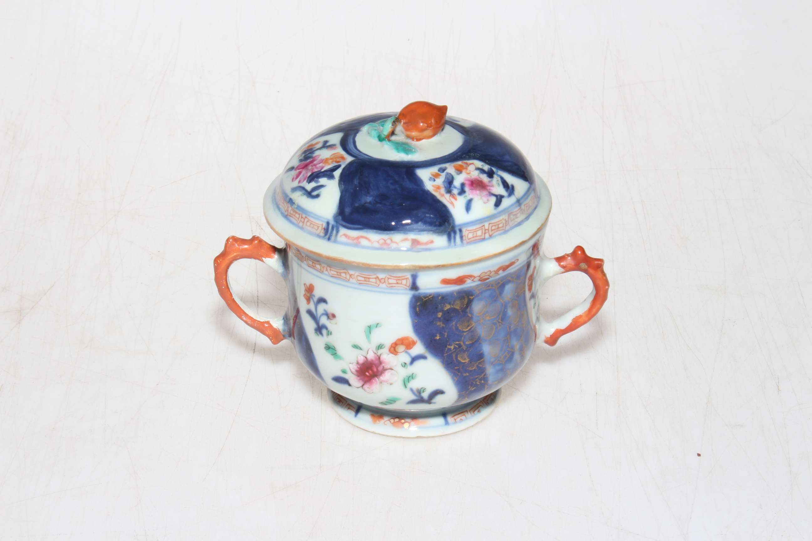 Chinese polychrome two handled cup and cover, 10.5cm.