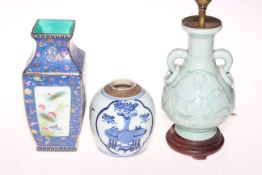 Chinese blue and white ginger jar, vase, and celadon table lamp (3).