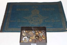 WWII aircraft identification album and box of buttons and badges.
