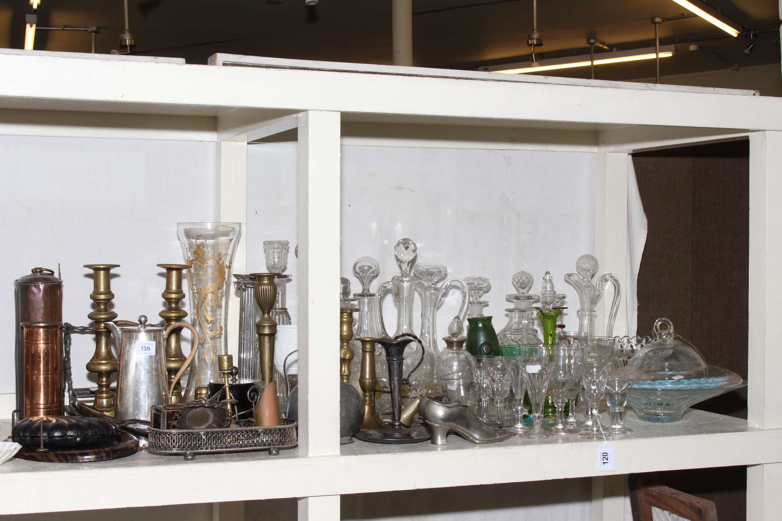 Collection of glass and metalwares including decanters together with two Minton? tiled panels.
