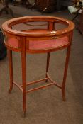 Oval chequered inlaid bijouterie table (lacking glass lid pane).