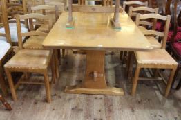 Alan 'Acornman' Grainger rectangular oak dining table and six wavy ladder back studded hide chairs