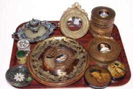 Decorative pieces including cloisonné inkstand, boxes, ornate frame and miniature.