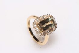 Six carat rectangular Csarite and baguette cut Diamond ring set in 18 carat yellow gold, size N.