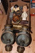 Pair of brass lamps, pair of shell casing vases, flat iron, etc.