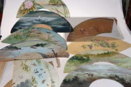 Collection of unframed Japanese fan shaped paintings, some with stamps.