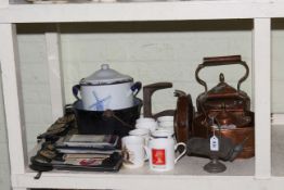 Enamel flour bin, horsebrasses, metalwares, stamps, leather trunks, model boat, prints, etc.