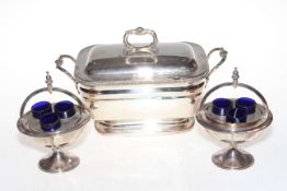 Old Sheffield plate tureen and a pair of silver plated 'Globe' ink stands, both crested.