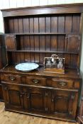 Titchmarsh & Goodwin style oak shelf and cupboard back dresser, 190cm by 137cm by 45cm.