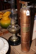 French copper vintage fire extinguisher and brass oil lamp.