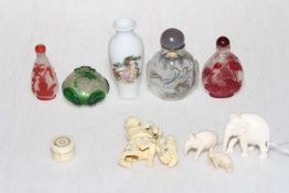 Chinese overlay glass frog scent bottle, other scent bottles, and carved figure and elephants (10).