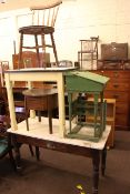 Two pine kitchen tables, child's combination desk-chair, sewing table and contents,