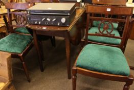 Georgian mahogany drop leaf dining table and set of six later mahogany dining chairs including pair