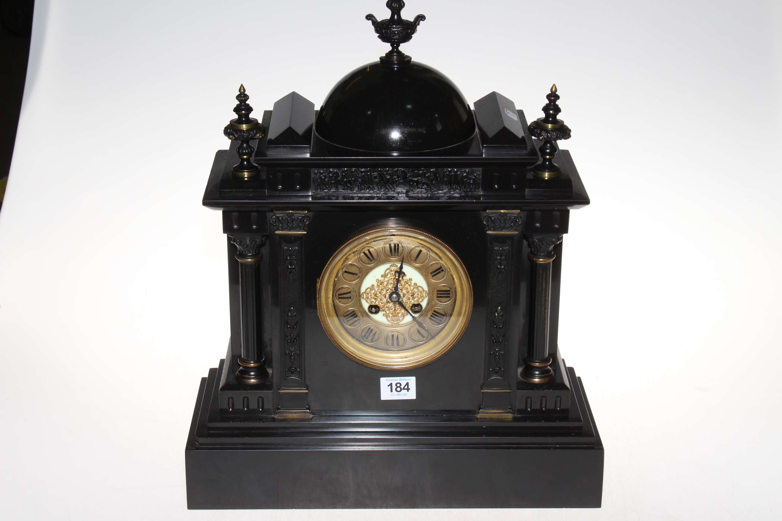 Slate mantel clock with gilt metal dial, 46cm high.