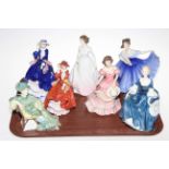 Seven Royal Doulton figures including Top O'the Hill with certificate.