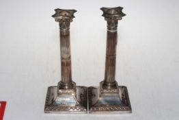 Pair Sheffield plated Corinthian column candlesticks, 26.5cm.