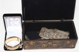 Gold plated bangle, two mesh purses and Art Nouveau style jewellery box.