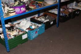 Five boxes of porcelain and glass including blue and white pottery, novelty teapots, etc.