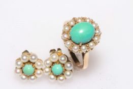 Turquoise and seed pearl ring and pair of earrings, test as 9 carat gold.