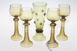 Four coloured glass hock goblets and one tumbler, James Powell.