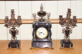 Victorian gilt mounted slate clock set.