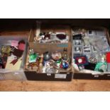 Three boxes of costume jewellery, crystal ornaments, Moorcroft dish, silver plated ware, lighters,