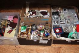 Three boxes of costume jewellery, crystal ornaments, Moorcroft dish, silver plated ware, lighters,