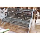 Victorian Coalbrookedale? cast and wood slat garden bench with registration number to both ends,