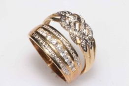 9 carat gold diamond crossover set ring, size W, and another 9 carat gold ring (2).