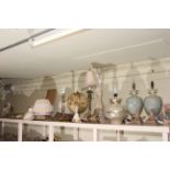 Collection of table lamps, globe, wall sconces, candelabra, glassware, etc.