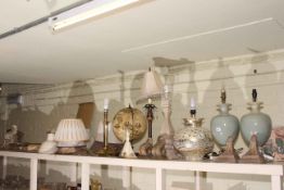 Collection of table lamps, globe, wall sconces, candelabra, glassware, etc.