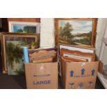 Large collection of various prints and paintings including landscape oils.