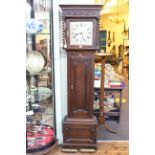 1920's oak Jacobean style double weight longcase clock, 203cm.