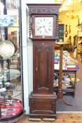 1920's oak Jacobean style double weight longcase clock, 203cm.