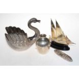 Continental silver hammered 'Ali Baba' jar, stamped 830, white metal swan,