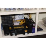 Collection of tools, Dewalt drill, Rebate planer, Irwin Marples chisels, etc.