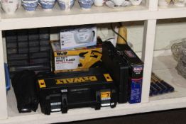 Collection of tools, Dewalt drill, Rebate planer, Irwin Marples chisels, etc.