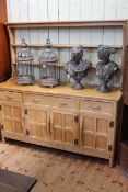 Alan 'Acornman' Grainger oak dresser and open Delft rack, 163cm by 160cm by 48cm.