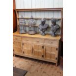 Alan 'Acornman' Grainger oak dresser and open Delft rack, 163cm by 160cm by 48cm.