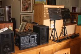 Yamaha EMX62M mixer, pair of speakers, pair of speaker stands,