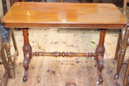 Victorian mahogany rectangular side table on carved turned pillars to four scrolled legs joined by