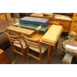 Vintage teak long john sideboard, teak extending dining table and four later dining chairs (6).