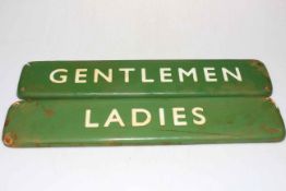 Pair of enamel Ladies and Gentleman rest room signs.