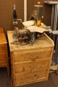 Burgess band saw, three drawer work station and contents.