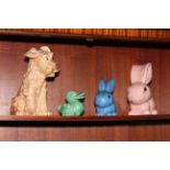 Large Sylvac seated Terrier 1380, large pink Rabbit 1028, small blue Rabbit and green Duck.