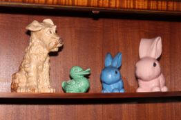 Large Sylvac seated Terrier 1380, large pink Rabbit 1028, small blue Rabbit and green Duck.