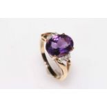 9k Amethyst and diamond ring, size P.