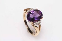 9k Amethyst and diamond ring, size P.